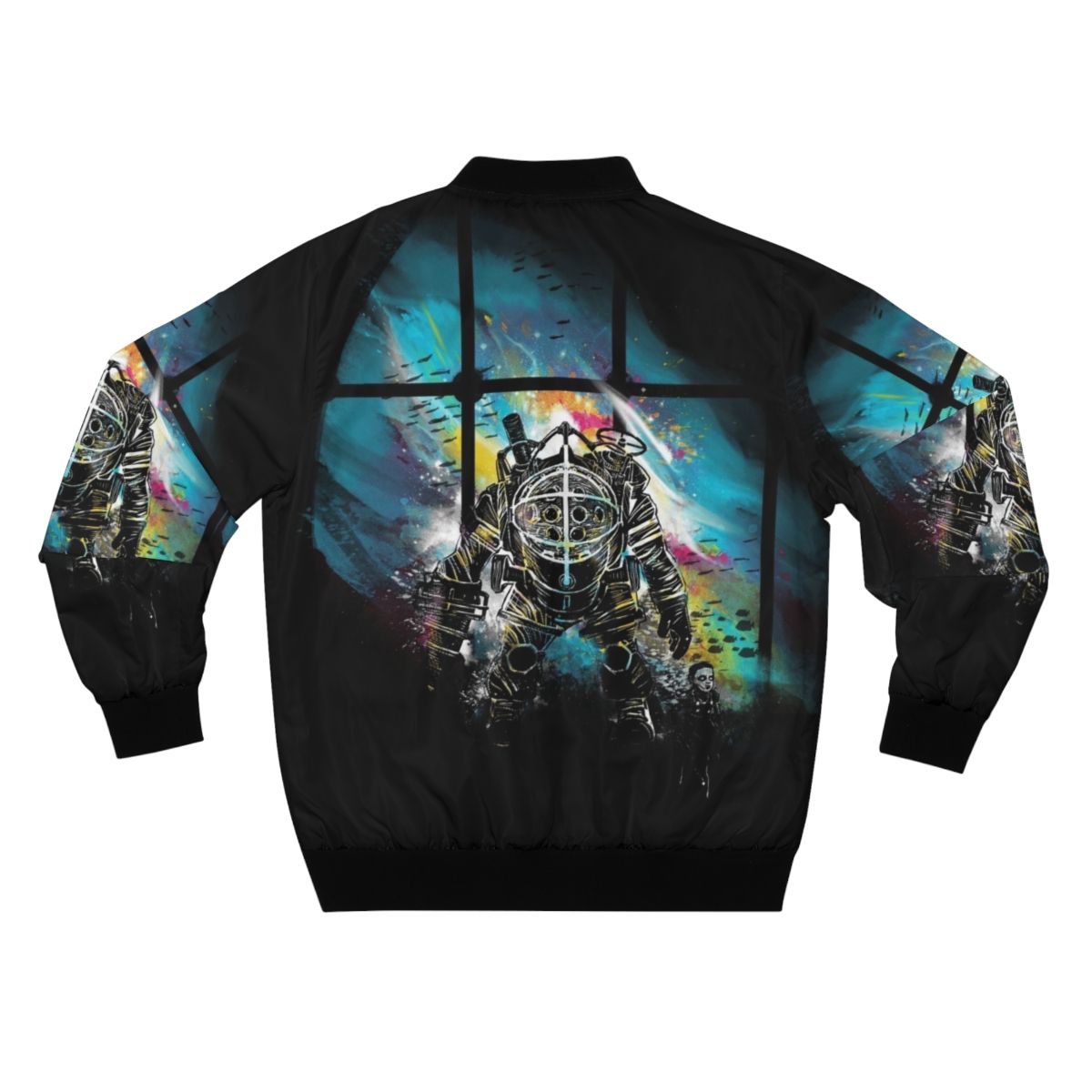 Bioshock-inspired watercolor-style bomber jacket featuring the iconic Mr. Bubbles character - Back