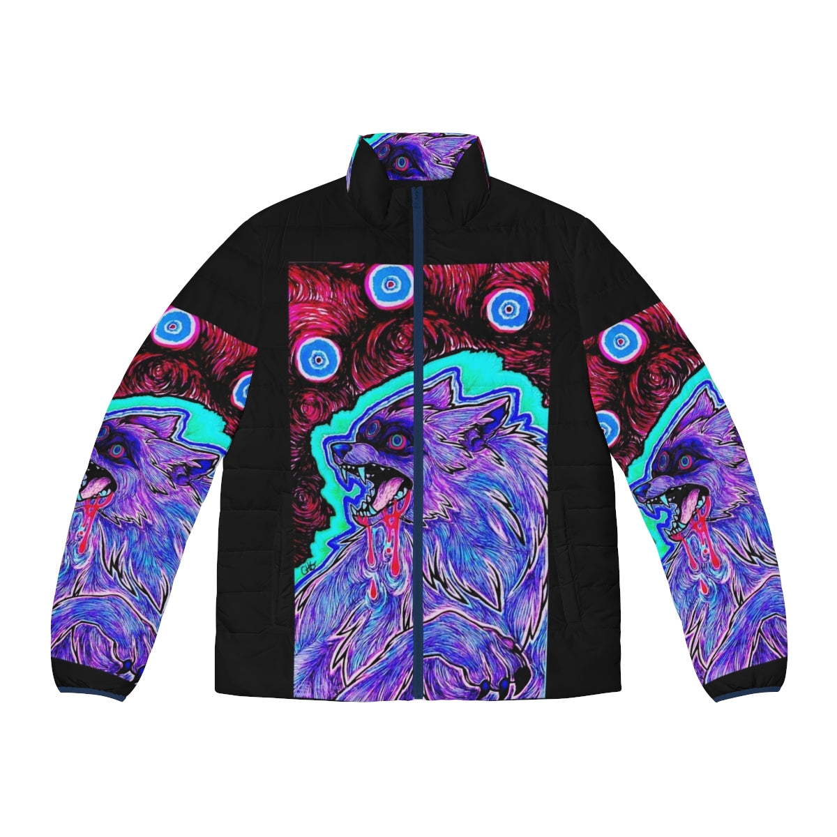 Psychedelic puffer jacket with surreal animal head design