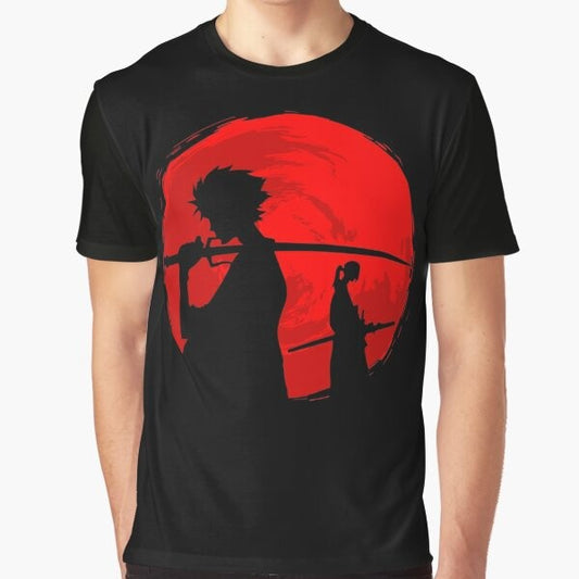 Samurai silhouette against a vibrant sunset sky on a graphic t-shirt