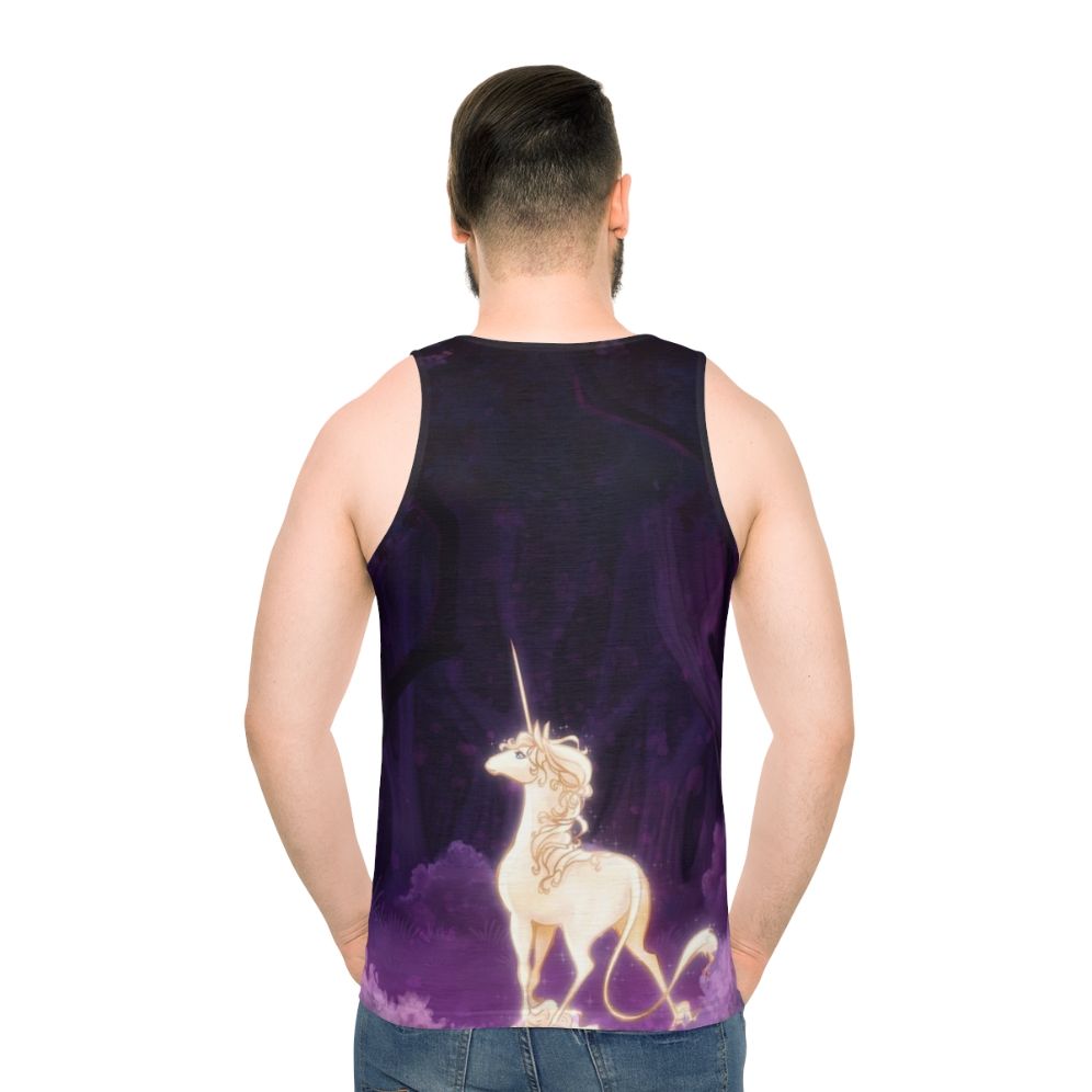 Unisex tank top with a unicorn in a lilac woodland design - men back