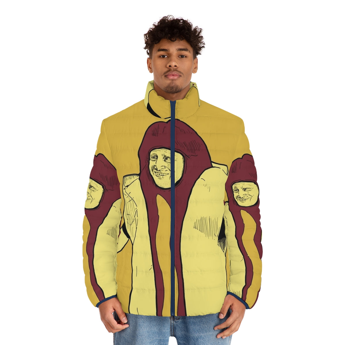 Hot dog car crash puffer jacket inspired by the hit comedy show I Think You Should Leave - men front