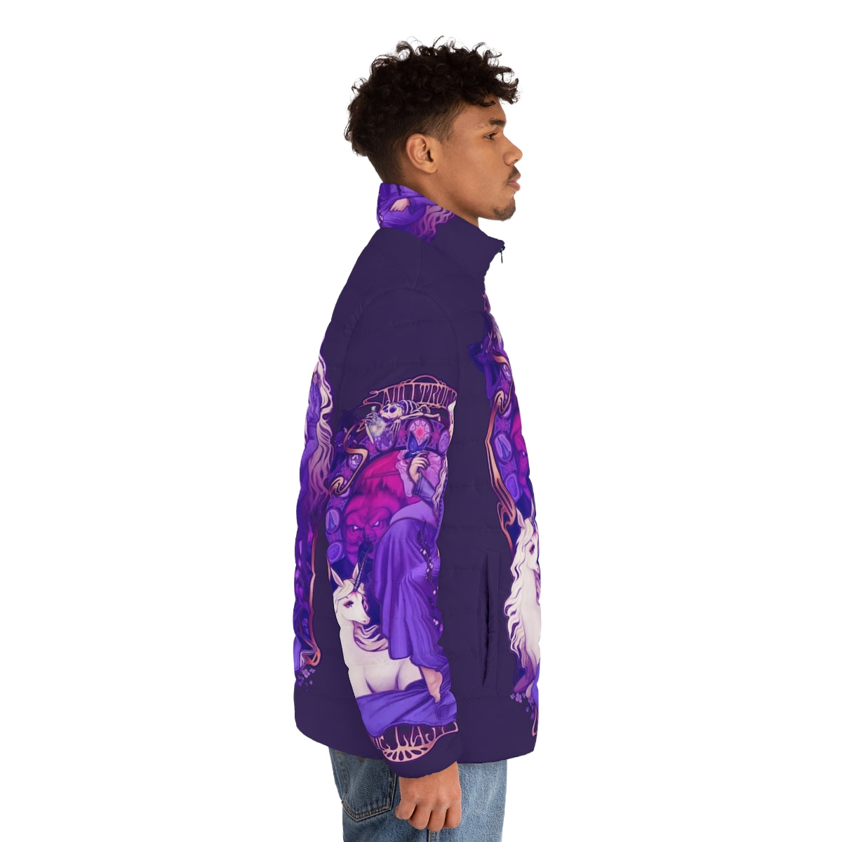 A puffer jacket with a retro, art nouveau-inspired unicorn design - men side right