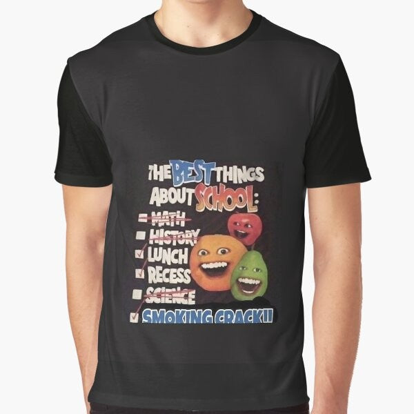 Annoying Orange graphic t-shirt featuring a smiling orange face and the text "Best Things About School"