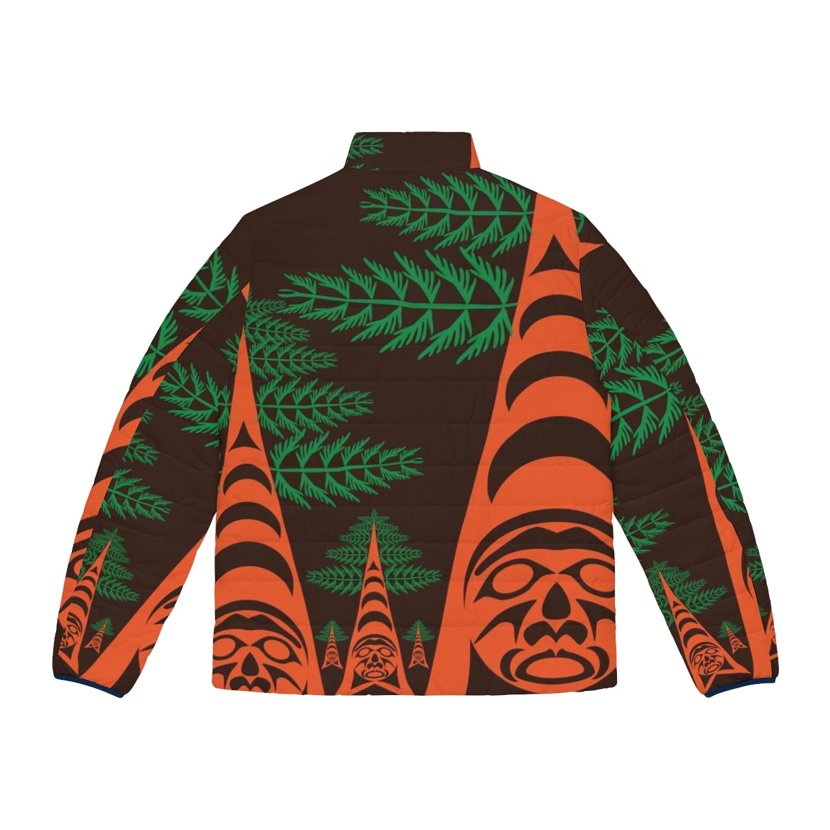 Cedar Forest Native Art Puffer Jacket with Indigenous Tribal Designs - Back