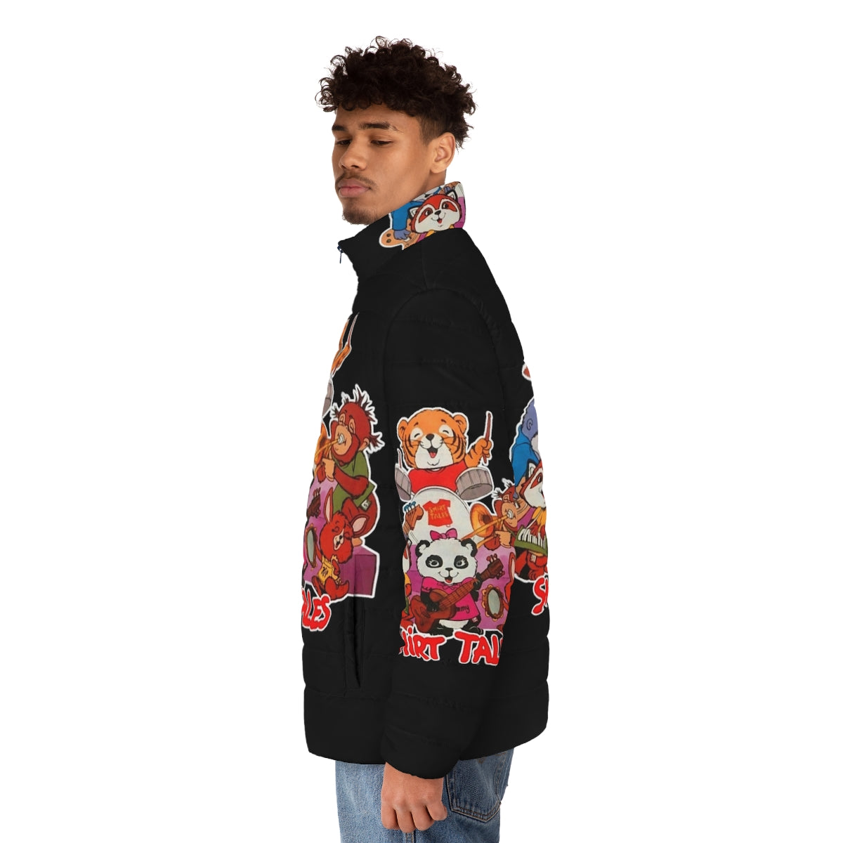 Retro 80s puffer jacket featuring Shirt Tales cartoon characters - men side left