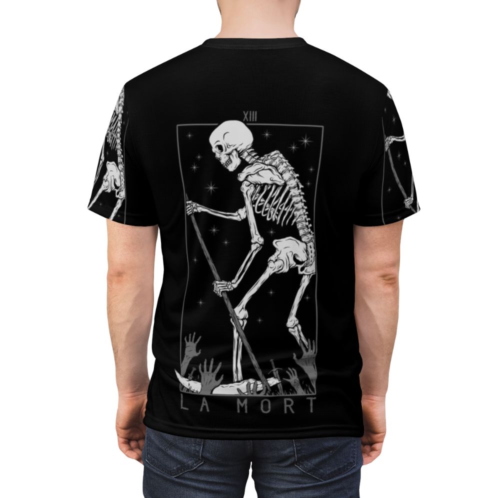 Mysterious occult t-shirt design featuring tarot cards, skull, and gothic imagery - men back