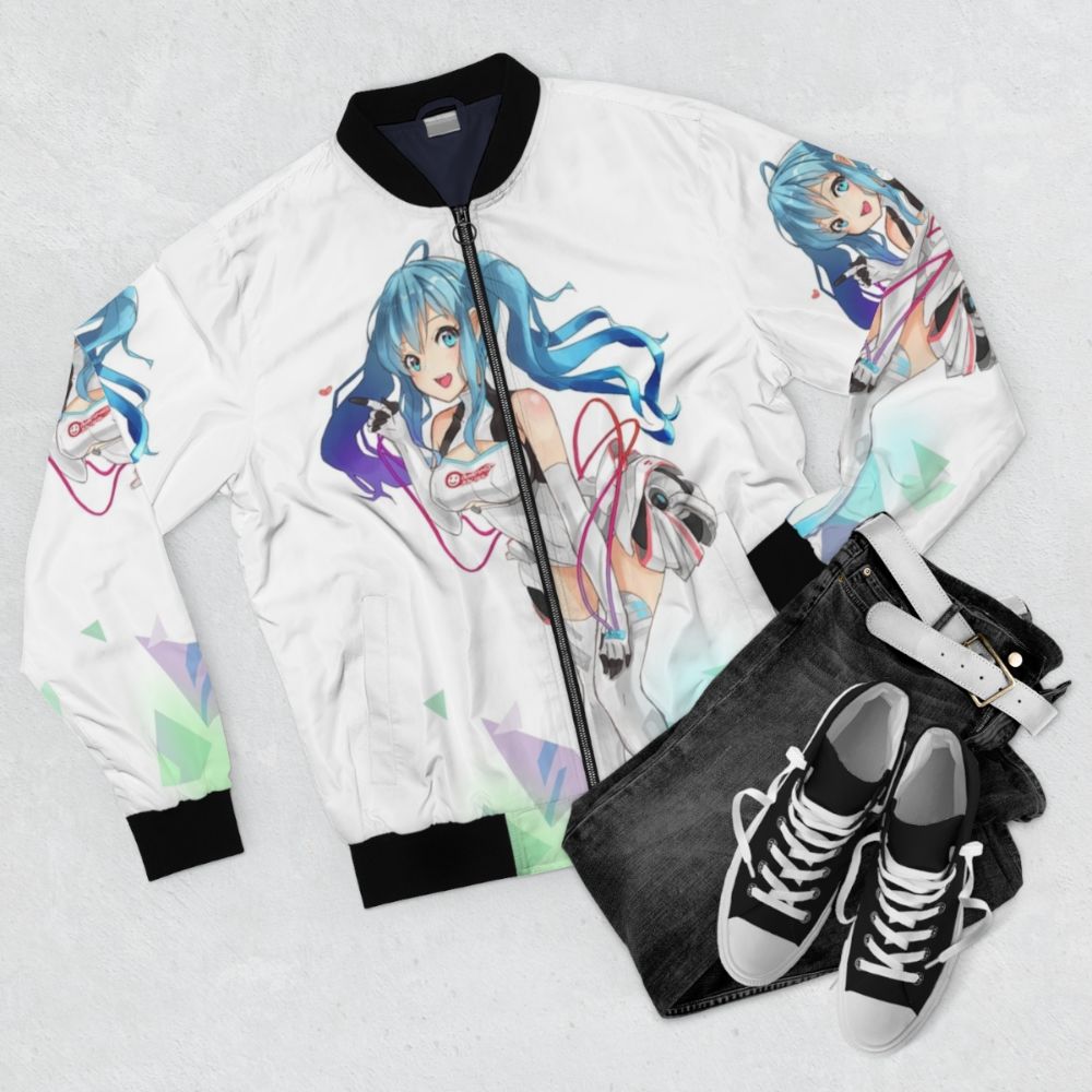 Hatsune Miku Racing Miku Anime Bomber Jacket - Flat lay