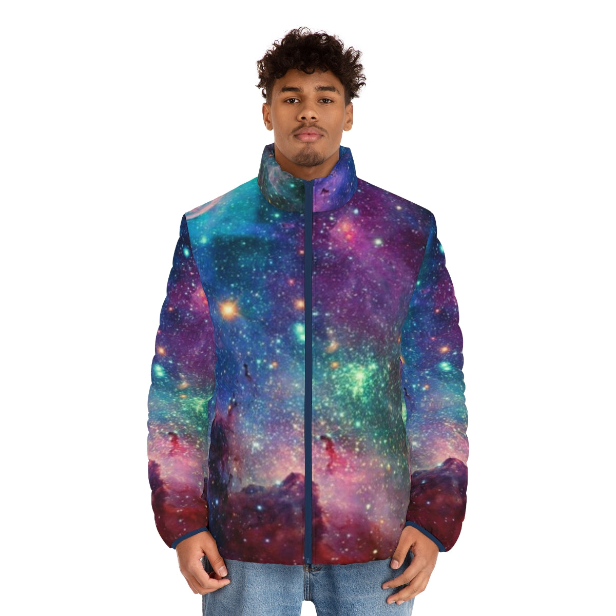 Galaxy puffer jacket with cosmic pattern and celestial design - men front