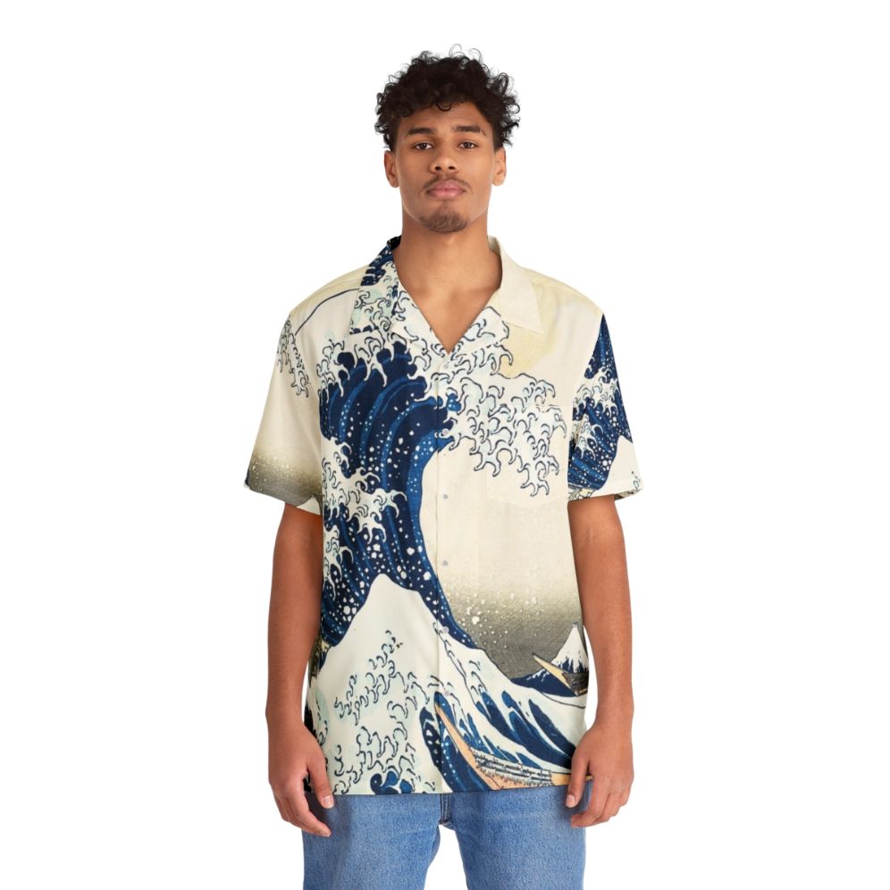 Hokusai's famous Japanese wave painting printed on a Hawaiian shirt - People Front