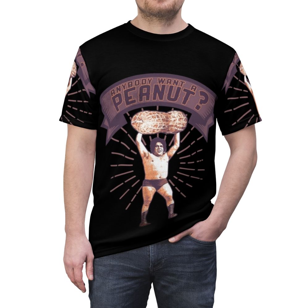 "Princess Bride inspired 'Anyone Want a Peanut?' t-shirt design featuring Fezzik the Giant wrestler" - men front