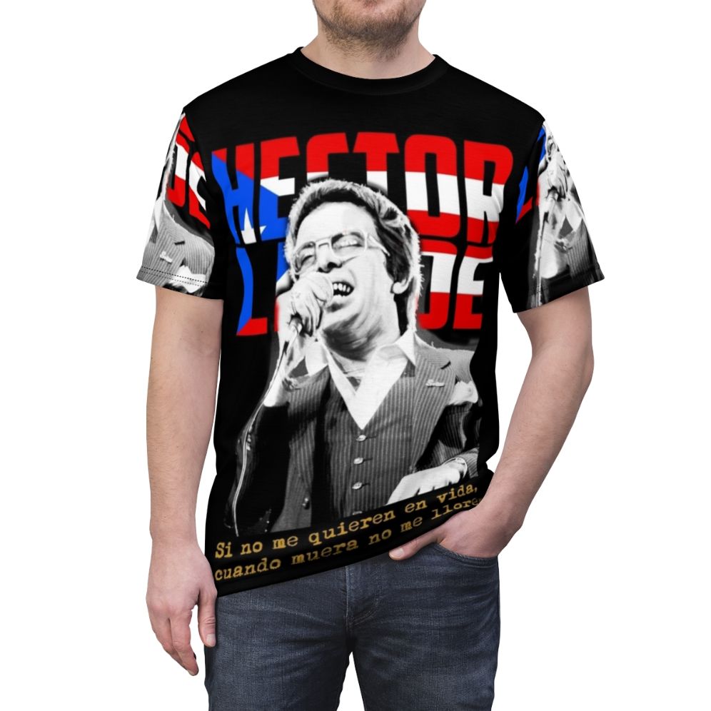 Vintage-style graphic t-shirt featuring the text 'Hector Lavoe All Star Power Latin Salsa' and classic Latin music icons - men front