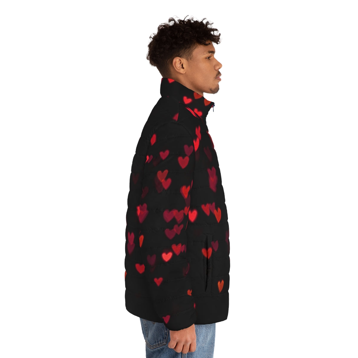 Model wearing a coeur rouge puffer jacket, a stylish and warm winter fashion piece - men side right