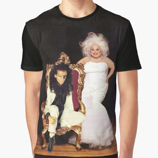 Graphic t-shirt featuring 80s music icons Pete Burns and Divine from the band Dead or Alive