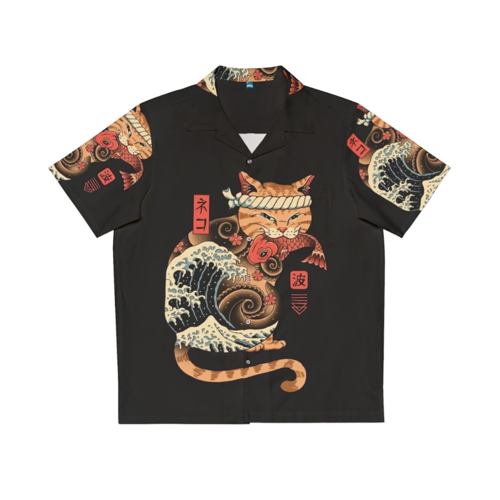 Catana Wave Hawaiian Shirt featuring a cat-inspired print inspired by the Great Wave off Kanagawa