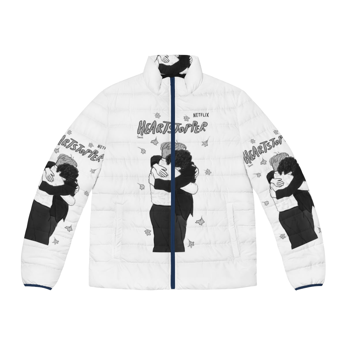 Heartstopper Nick and Charlie Hug Puffer Jacket featuring the iconic couple from the Netflix series