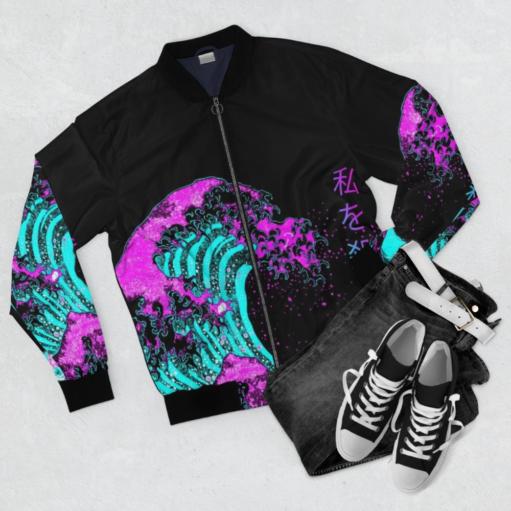 Hokusai's "The Great Wave off Kanagawa" printed on a bomber jacket - Flat lay