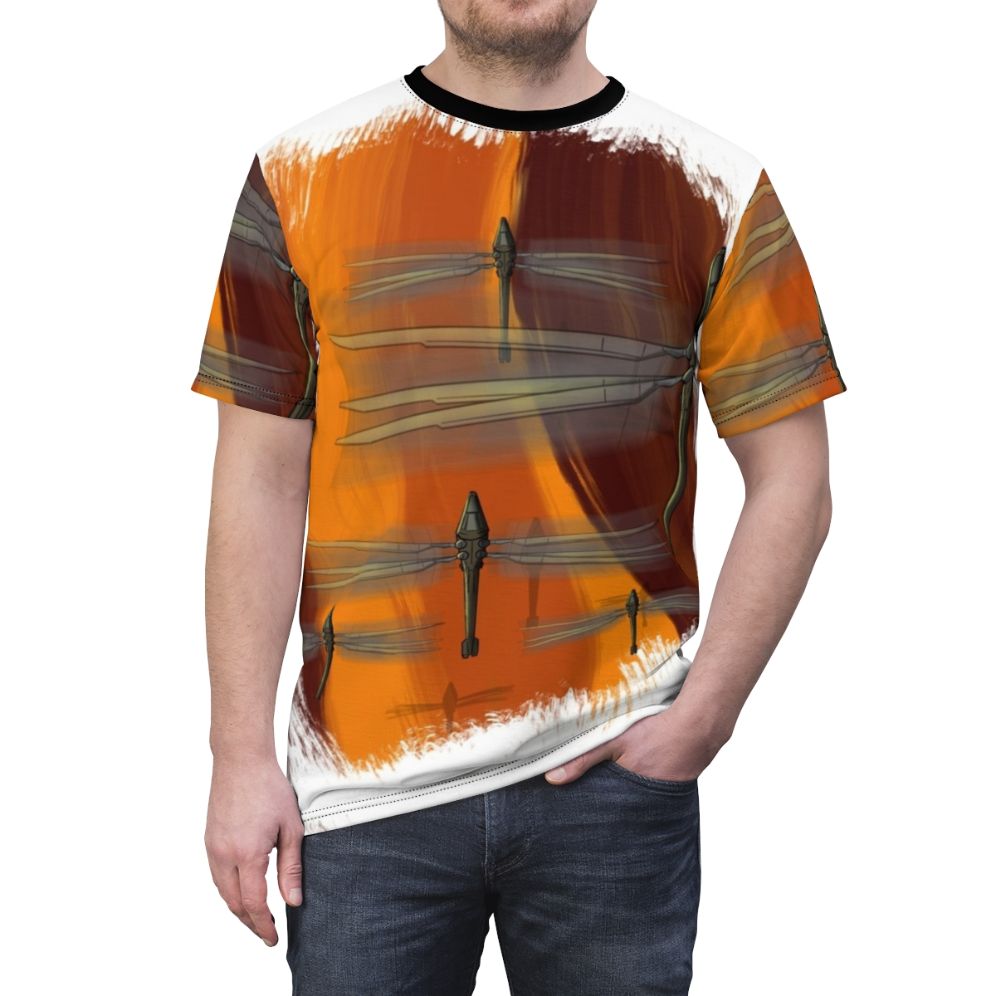 Ornithopter inspired t-shirt featuring futuristic desert landscape and flying machine from the Dune science fiction franchise - men front