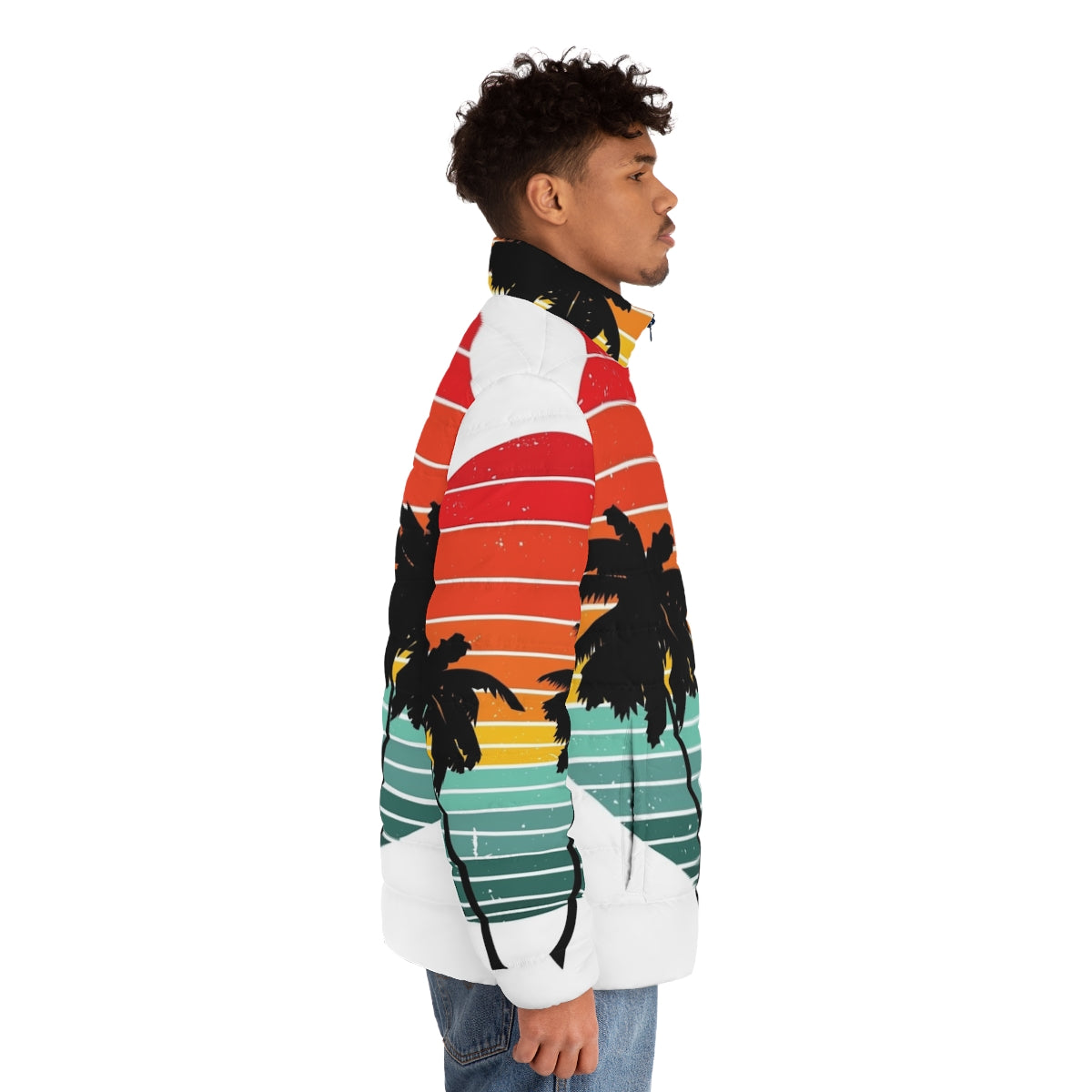 Black puffer jacket with vibrant orange, palm, and sunrise inspired design - men side right