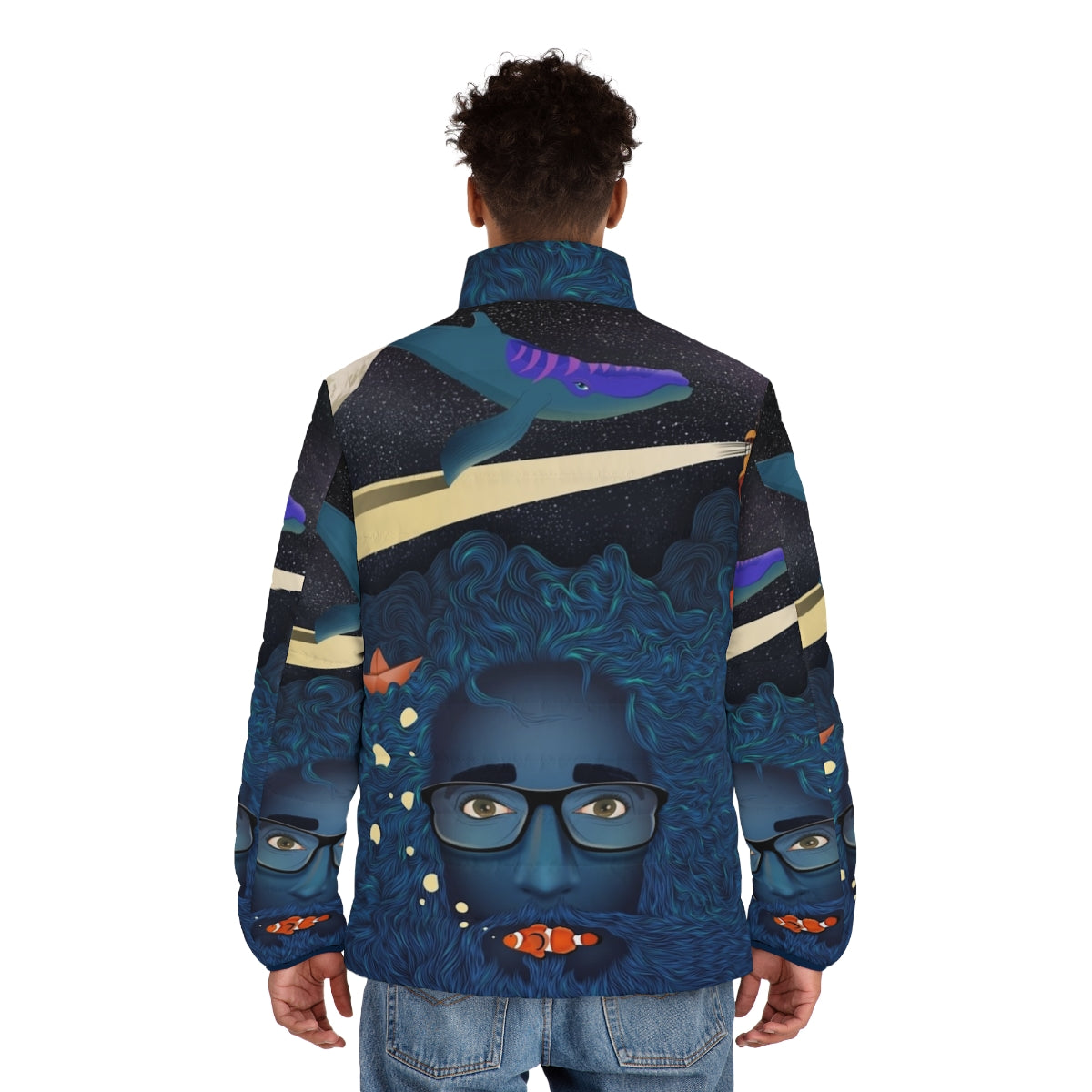 Deep Thoughts Puffer Jacket with Calma Art Design - Fantasy Ocean Theme - men back