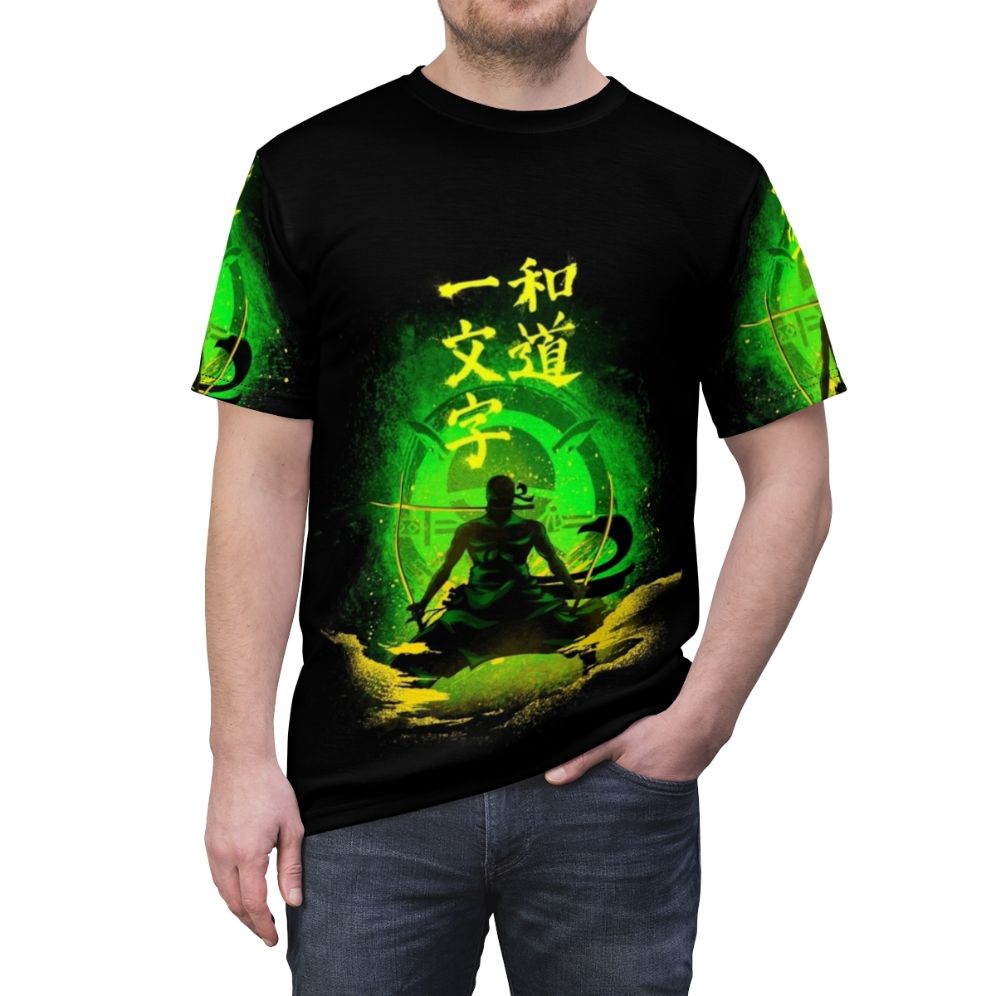 Stylish anime-inspired t-shirt featuring the character Zoro from One Piece - men front