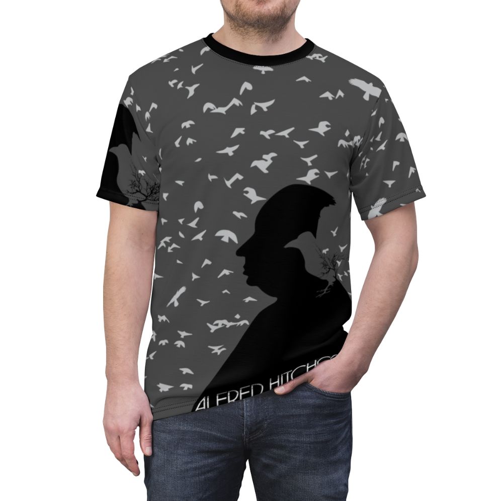 Vintage-style t-shirt design featuring Alfred Hitchcock's classic film "The Birds" - men front