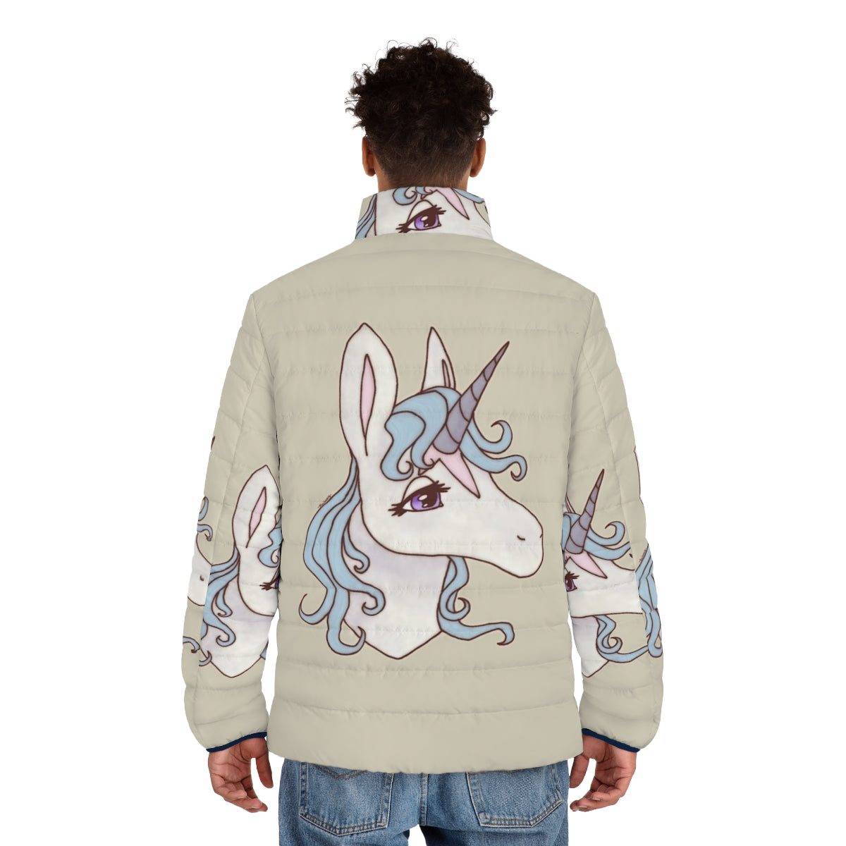 A puffer jacket featuring the iconic Lady Amalthea from the fantasy classic The Last Unicorn - men back