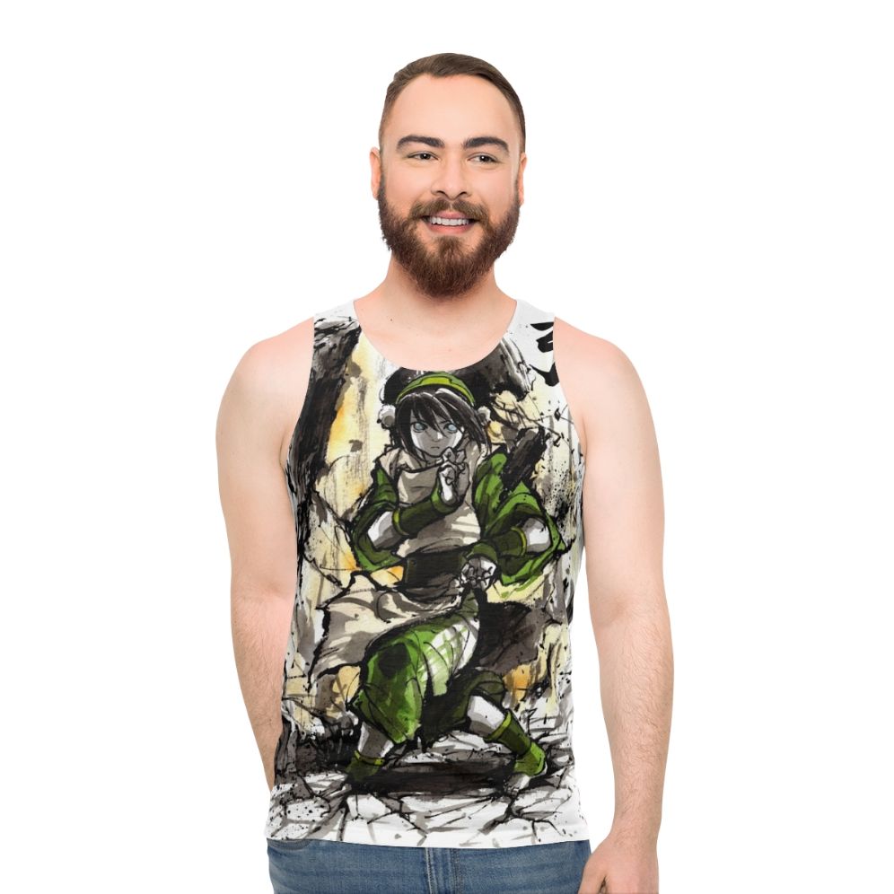 Toph from Avatar the Last Airbender depicted in sumi ink and watercolor art on a unisex tank top - men