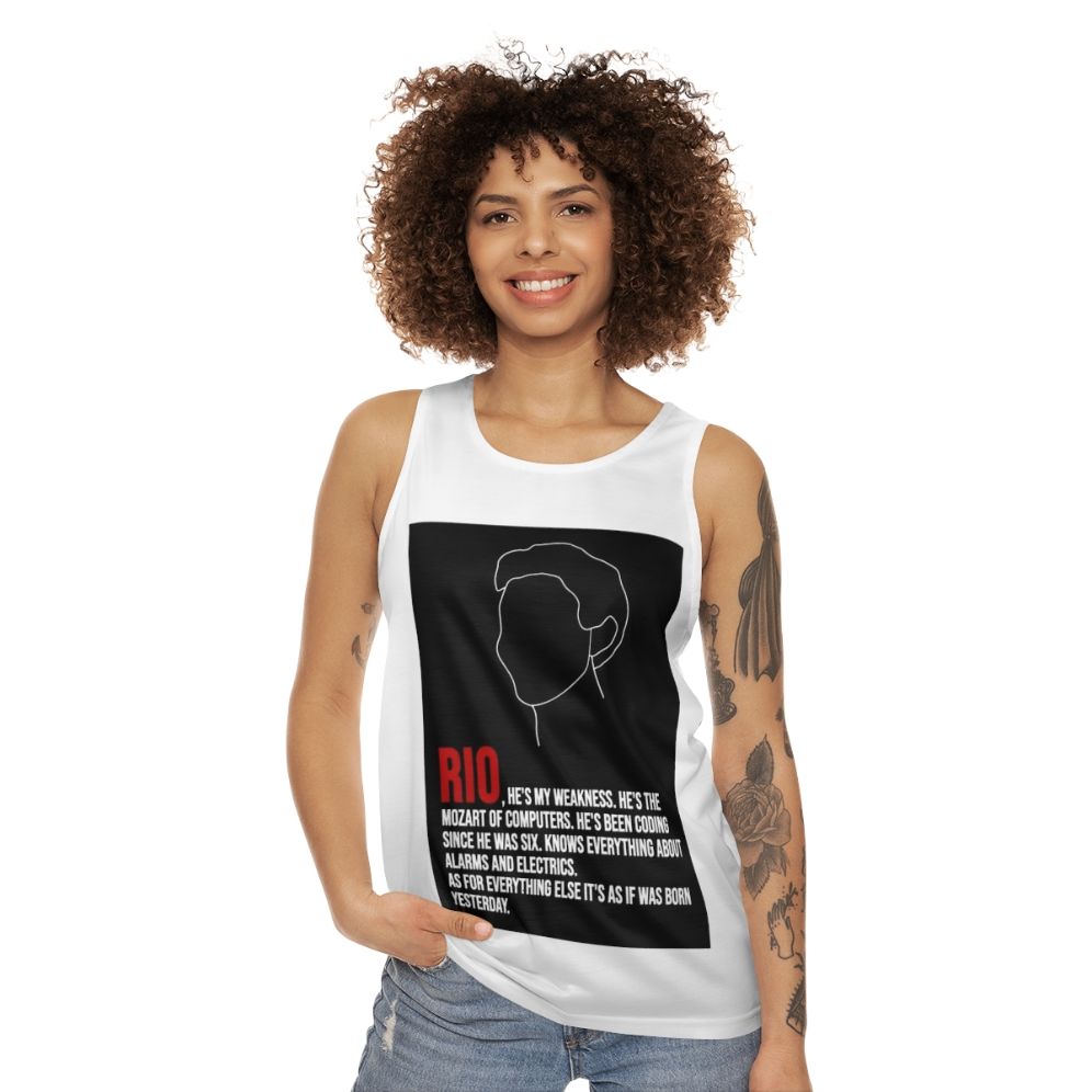 Money Heist 'House of Money' Unisex Tank Top with Lineart Fan Art Design - women