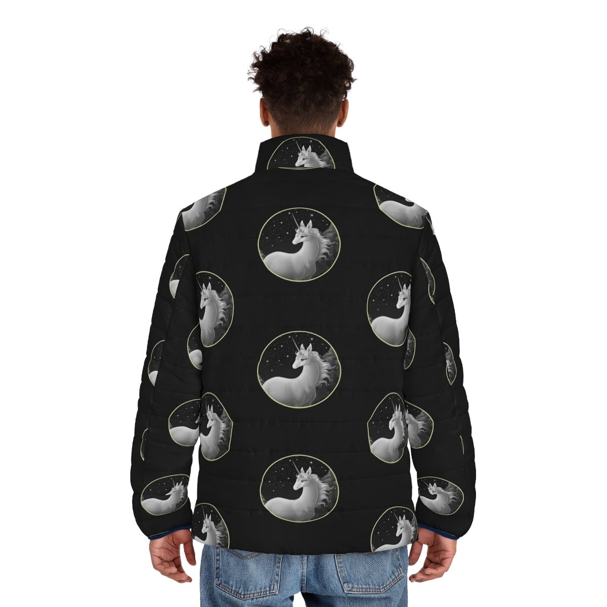 The Last Unicorn Illustration Puffer Jacket featuring a whimsical unicorn design - men back