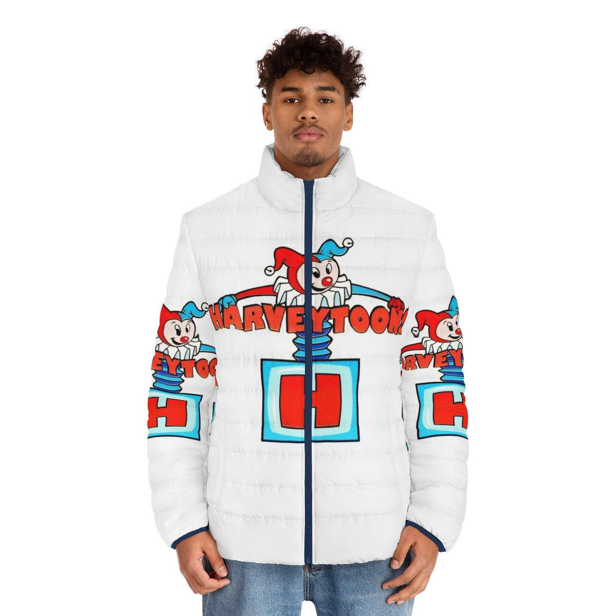 Harveytoons character logo puffer jacket featuring classic comic characters - men front