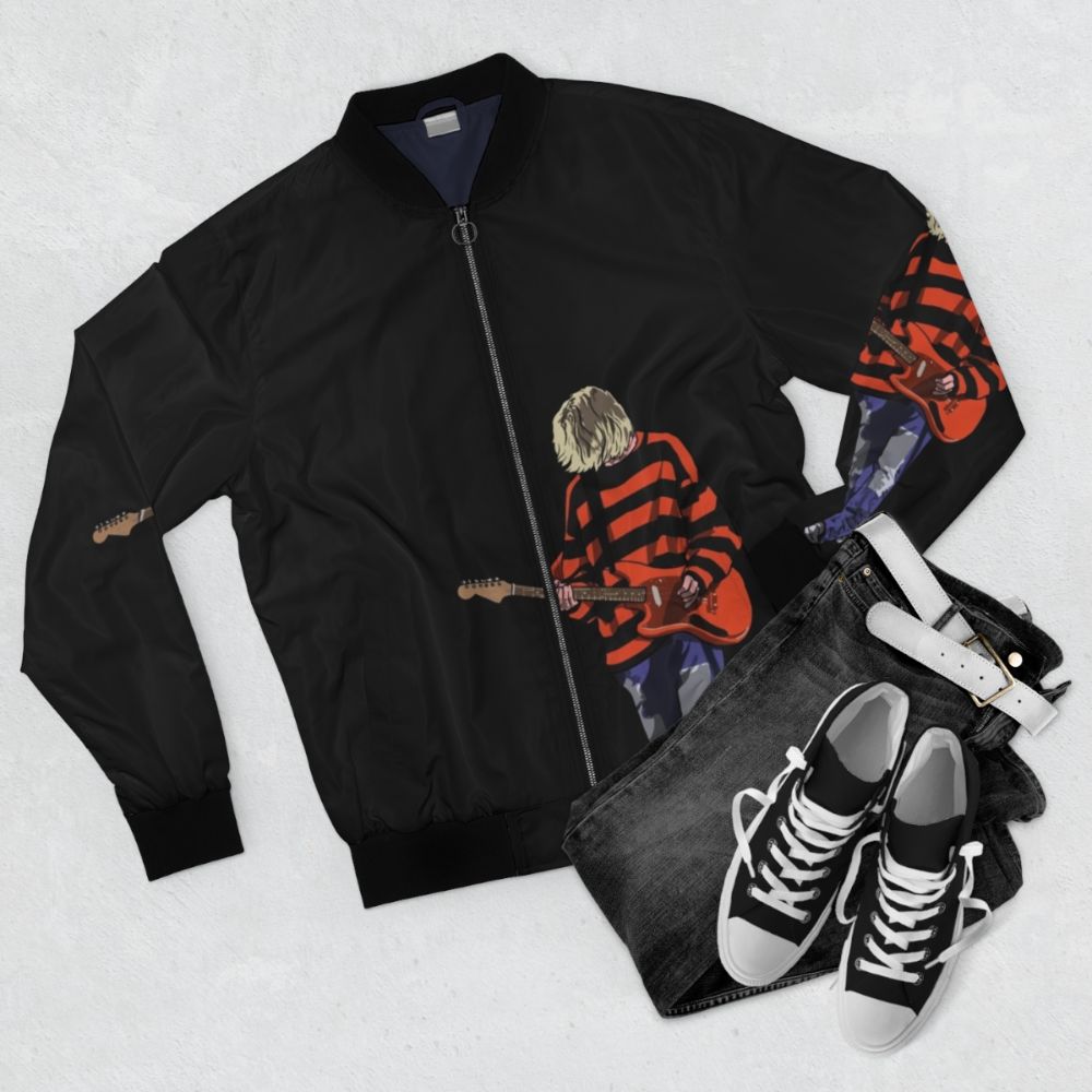 A striped bomber jacket inspired by Kurt Cobain and Nirvana's grunge style. - Flat lay