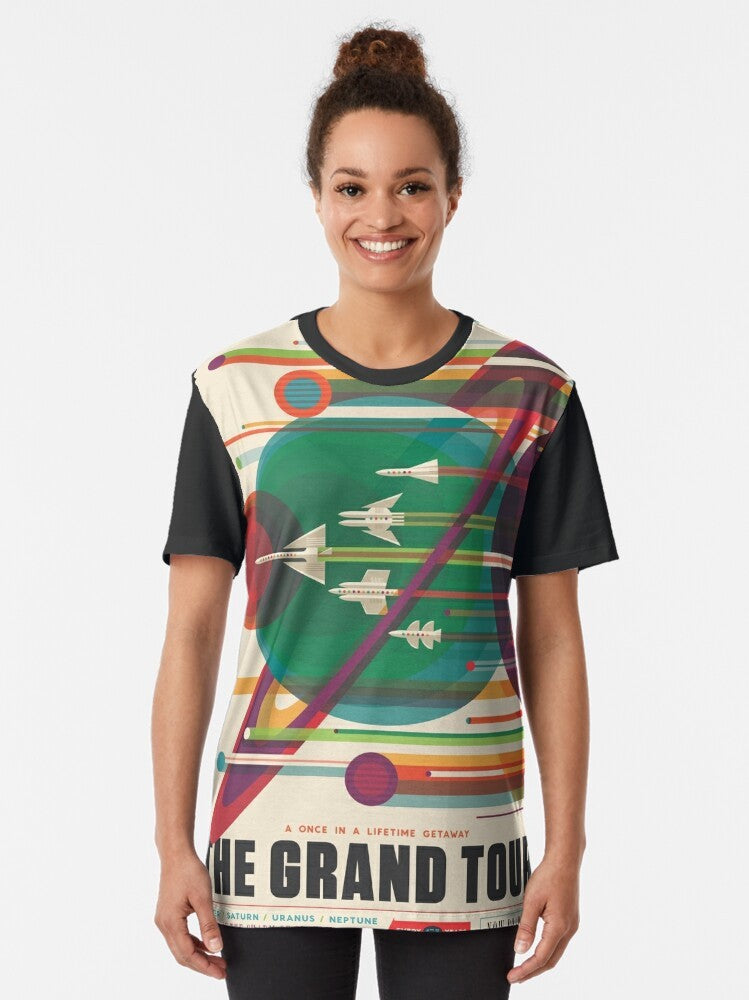 Retro Space Poster Graphic T-Shirt featuring a vintage space travel design - Women