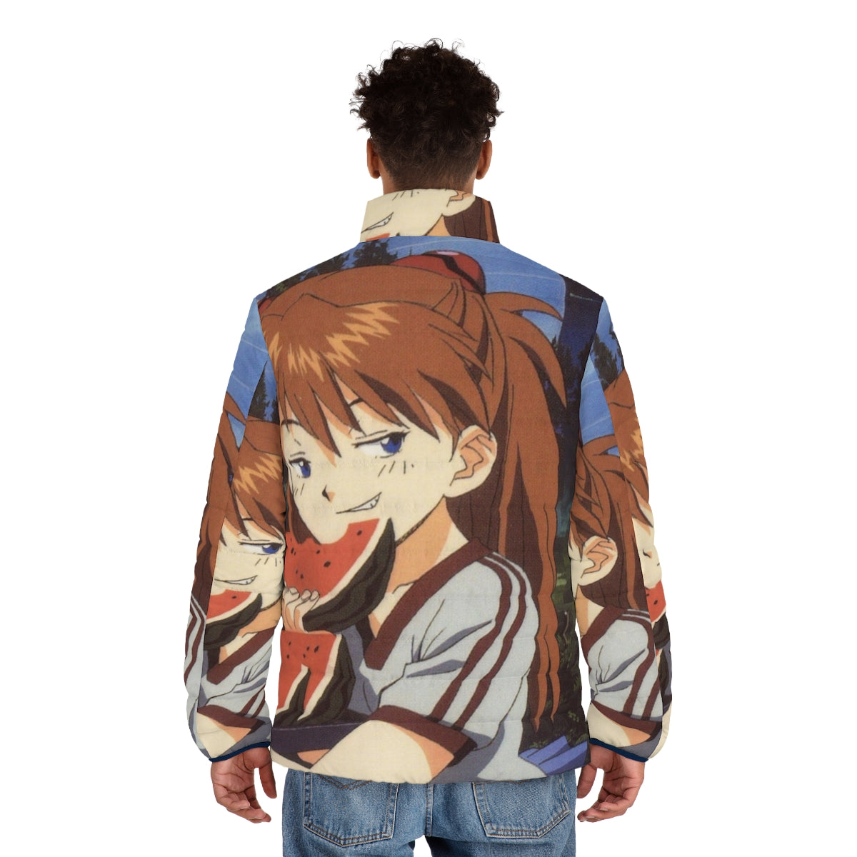 Smug anime-inspired puffer jacket with watermelon and Evangelion design - men back