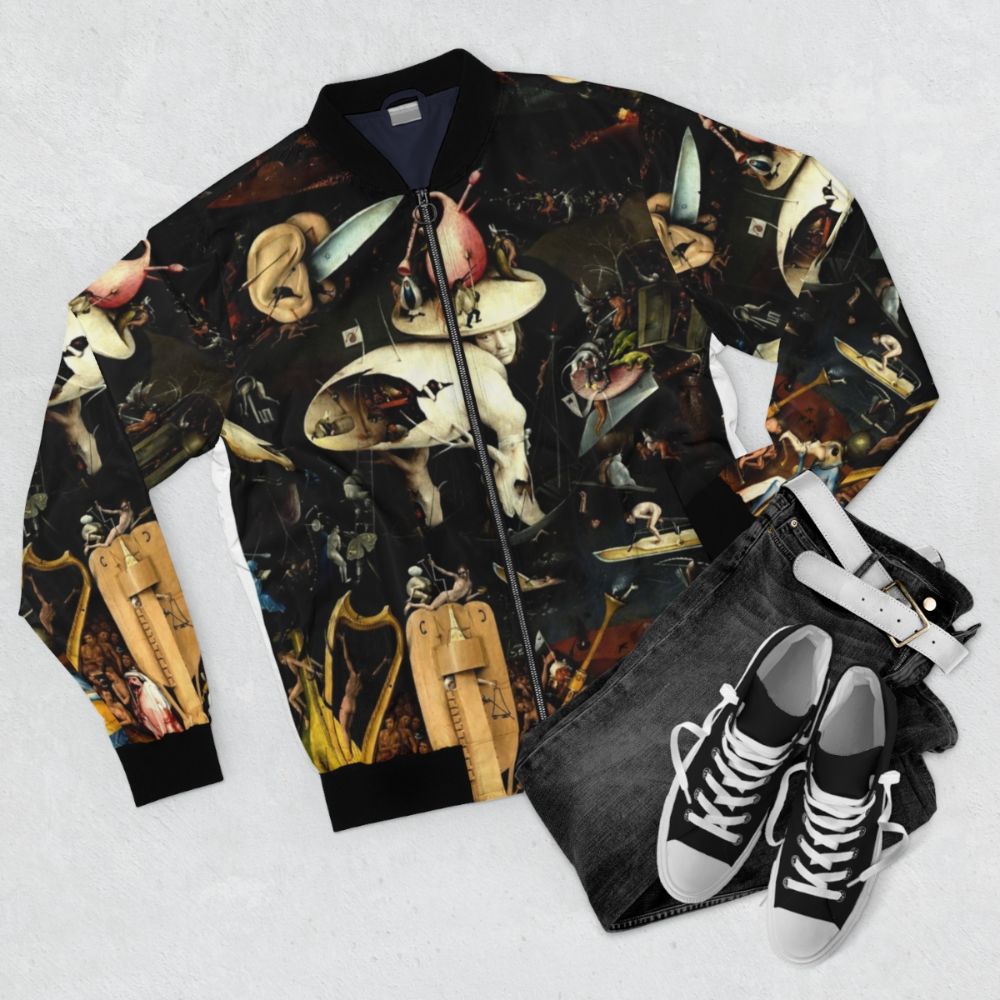 Hieronymus Bosch inspired Hell Bomber Jacket with surreal and Renaissance art design - Flat lay