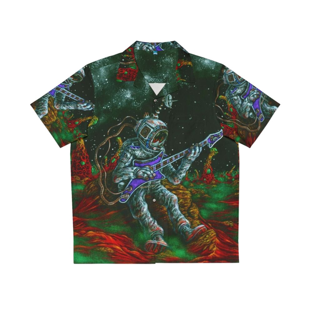 Music-inspired Hawaiian shirt with guitar and sci-fi elements