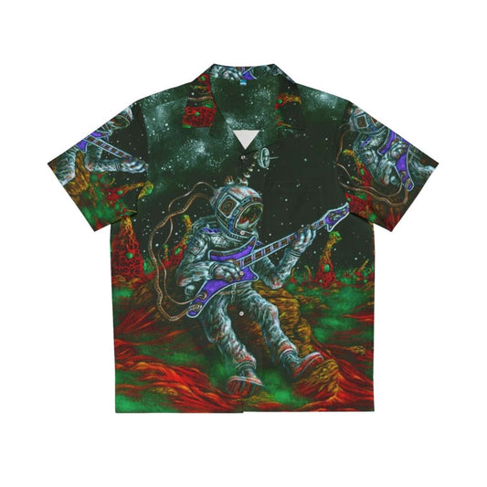 Music-inspired Hawaiian shirt with guitar and sci-fi elements