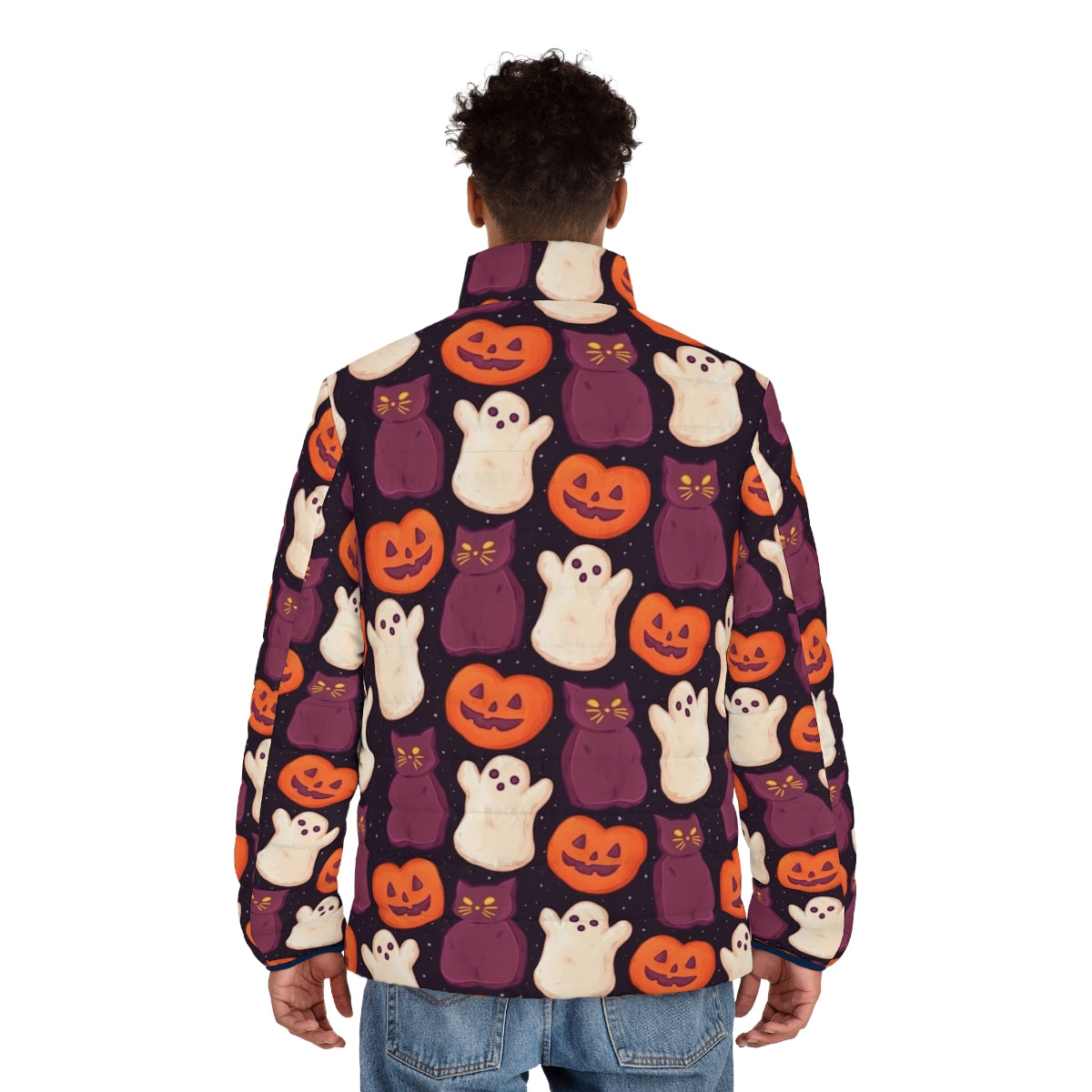 Dark puffer jacket with spooky cute Halloween marshmallow print - men back