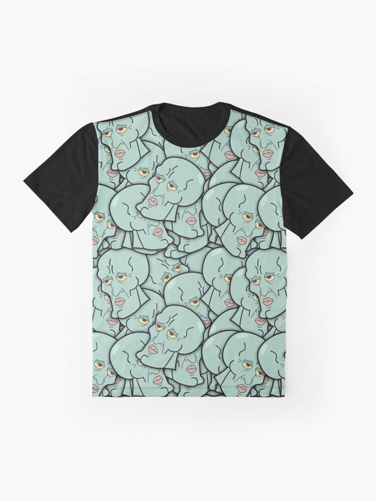 A graphic t-shirt featuring a handsome man design and Squidward Tentacles from Spongebob Squarepants. - Flat lay