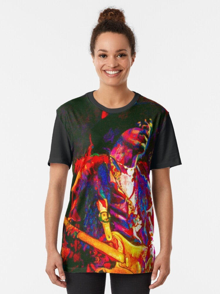 A rock and roll-inspired graphic t-shirt featuring an electric guitar design - Women