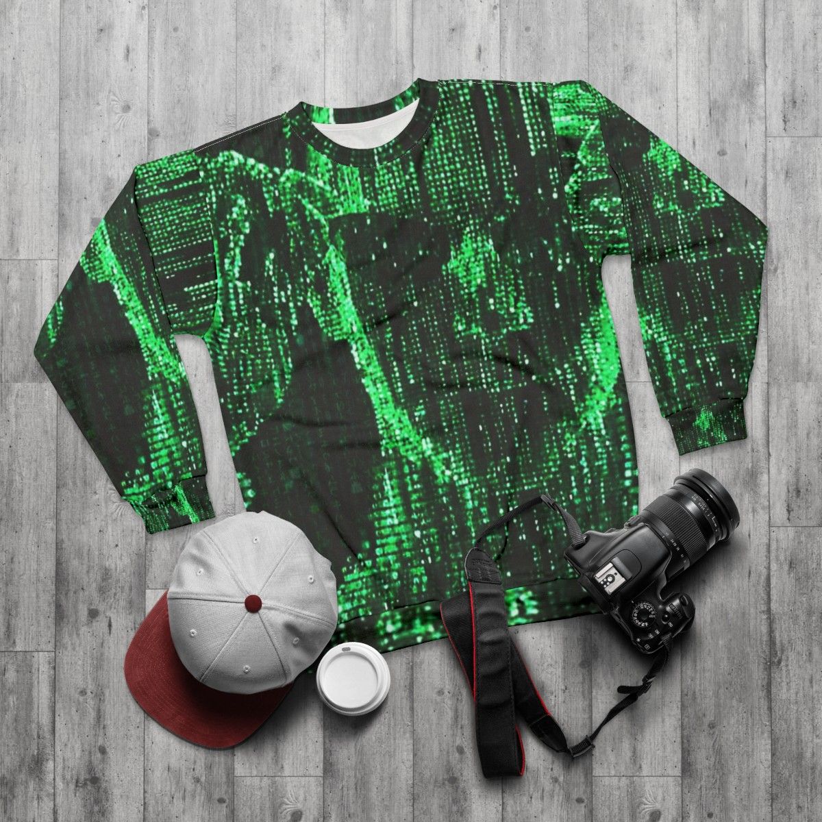 Matrix Sweatshirt featuring digital rain and classic sci-fi design - flat lay