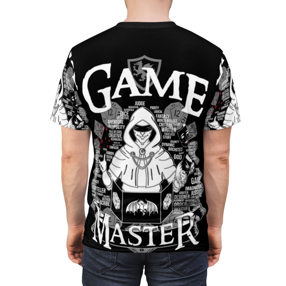 A white t-shirt with a custom game master themed graphic design. - men back