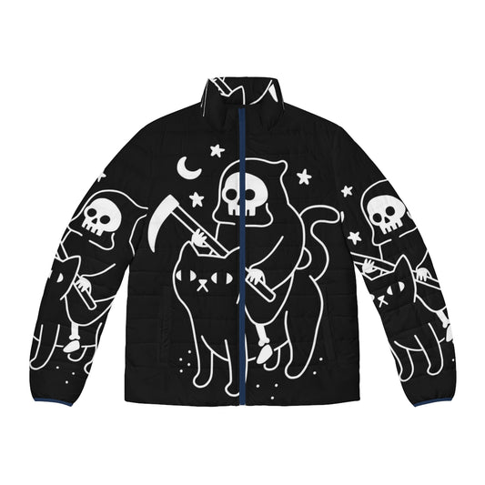 Puffer jacket with a death-themed black cat design