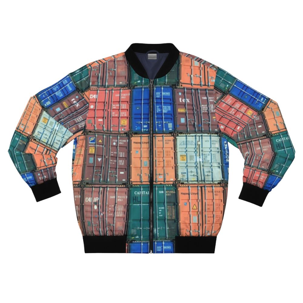 Stylish bomber jacket with shipping container and sea-inspired design