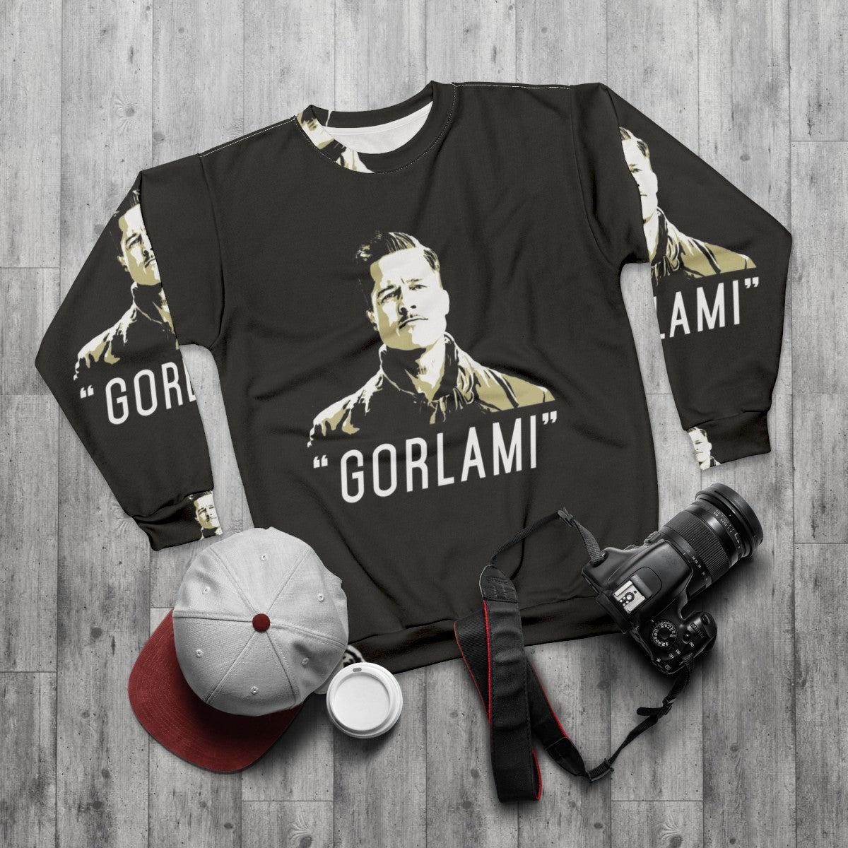 Gorlami Sweatshirt with Brad Pitt Inglorious Basterds Inspired Design - flat lay