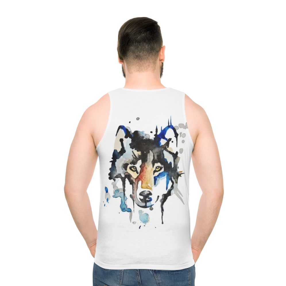 Watercolor wolf design on unisex tank top - men back