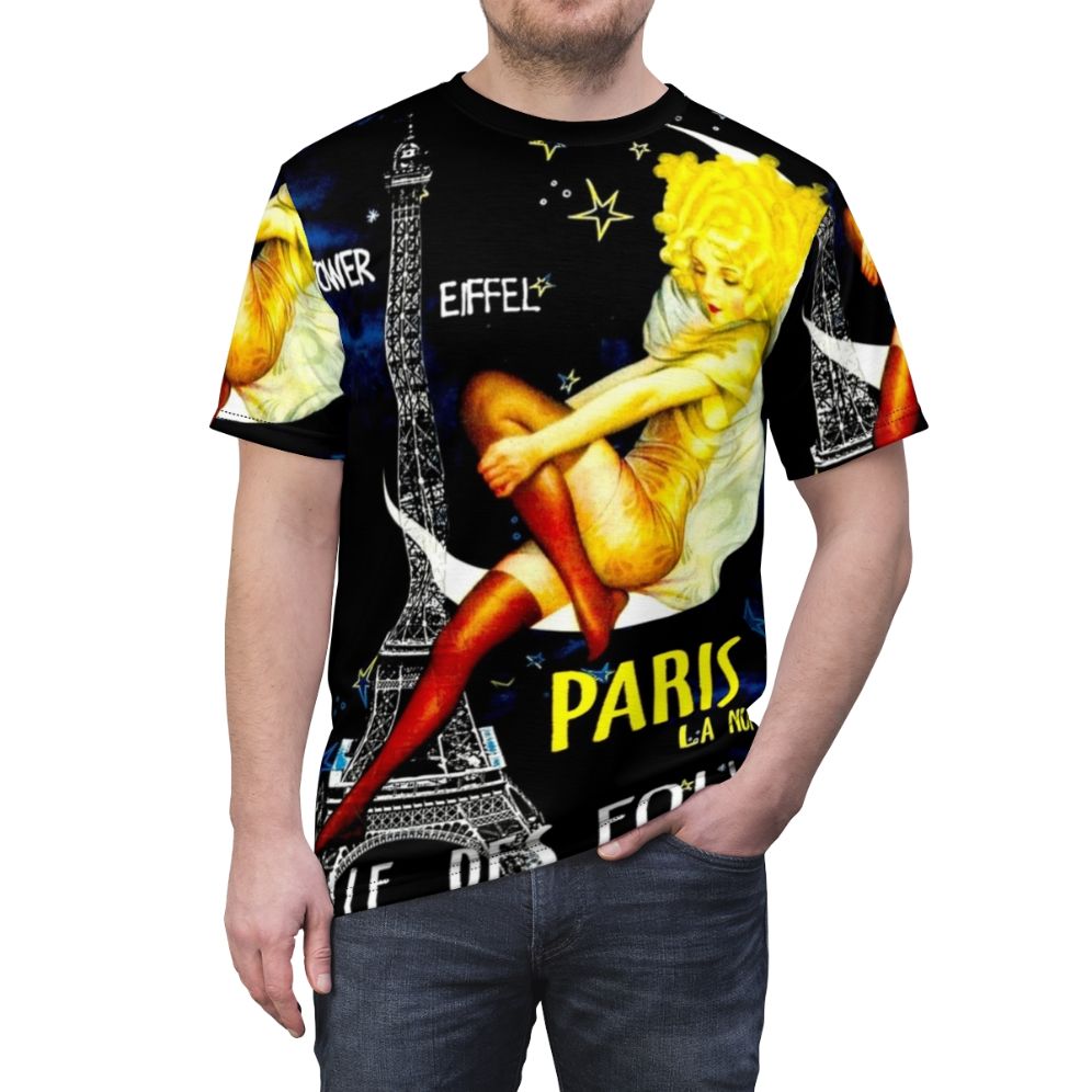 Vintage-inspired t-shirt with Paris Folies Bergere-inspired travel art print design featuring the Eiffel Tower, pinup girls, and abstract elements. - men front