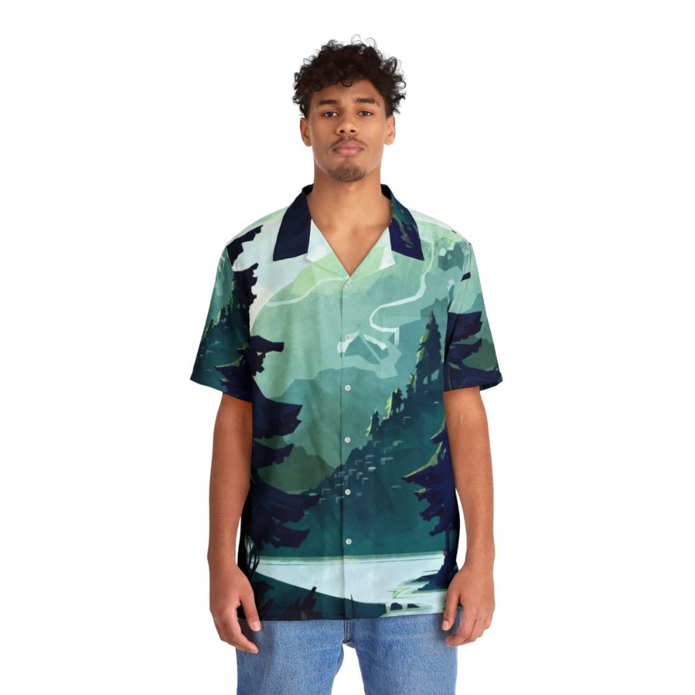 Canadian mountain landscape Hawaiian shirt with blue, green, and rocky mountain details - People Front