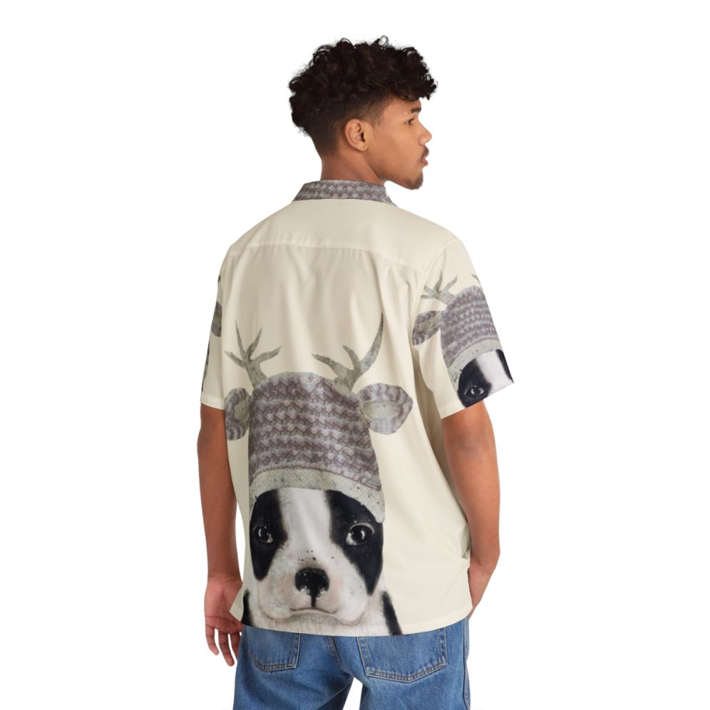 Boston Terrier wearing a Hawaiian shirt with a cute watercolor puppy illustration - People Back