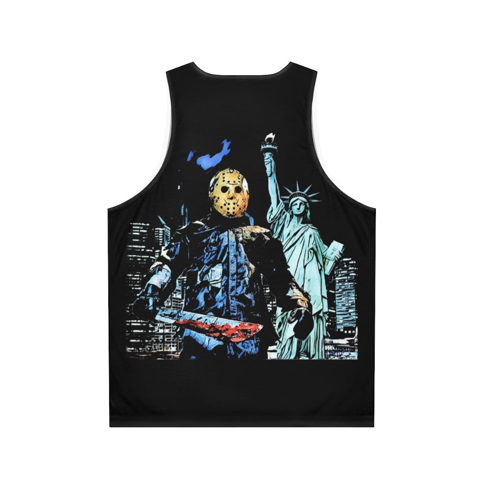 "Jason Takes Manhattan" Unisex Tank Top featuring the iconic Friday the 13th slasher - Back