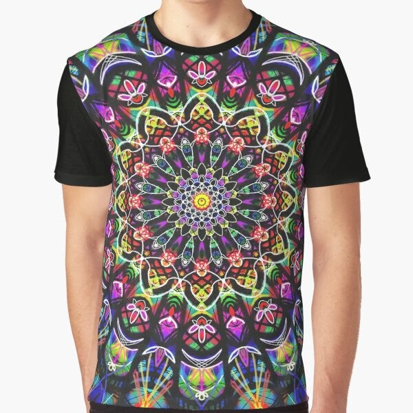 Colorful psychedelic mandala design graphic t-shirt